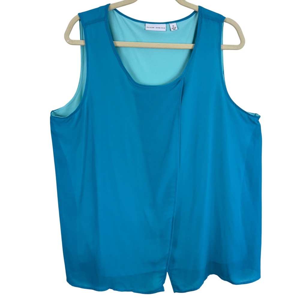 Susan Graver Womens XL Teal Blue Layered Asymmetrical Wrap Sleeveless Blouse Top